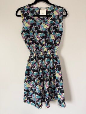 NEW Black Floral Midi Dress with Blue, Purple, Yellow Accents